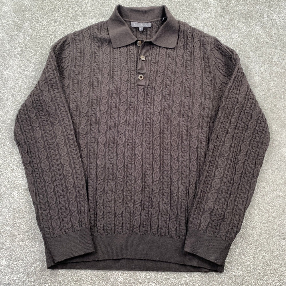 Slate & Stone Mens Dark Brown Cable Knit Polo Sweater Long Sleeve Size M
